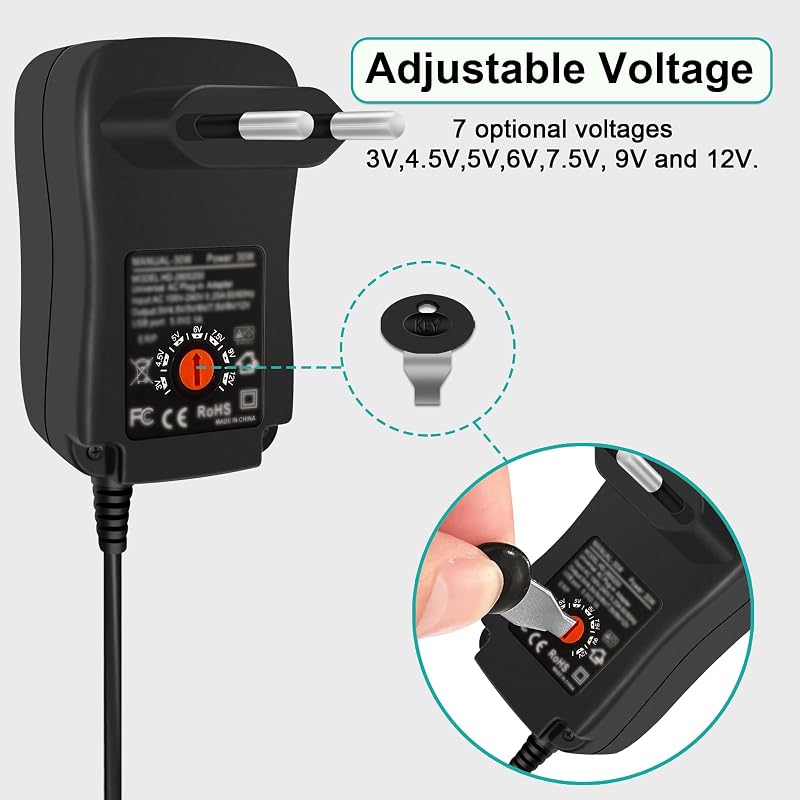 cshare Univerzális Hálózati Adapter 30W - 3V-12V Állítható Feszültség, 8 DC Csatlakozó, 5V USB Port - LED Szalag, Router, CCTV Kamera, TV Bo