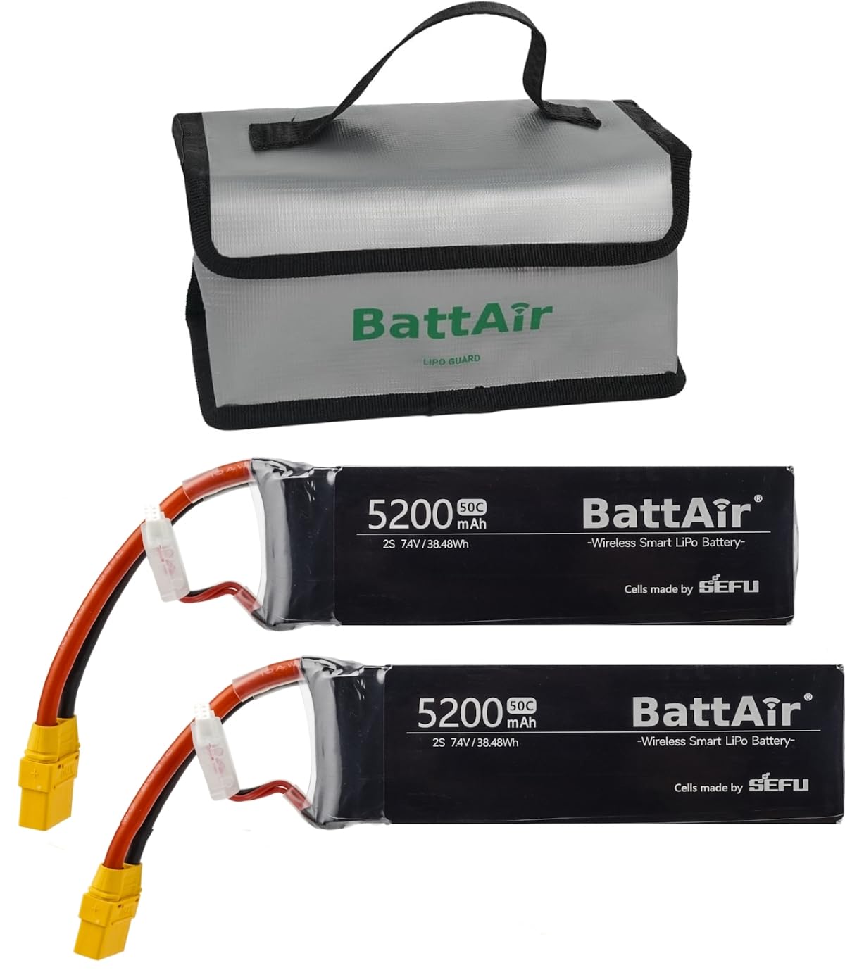 ISDT 7,4V Smart Lipo Akku 2S 50C 5200mAh BattAir Rc Auto Batterie mit XT-60 Stecker Hobby Akkus mit Lipo-Tasche für RC Flugzeug Hubschrauber Plane Boot 1:10,Per Mobiltelefon Bedienbar(2 Packs)