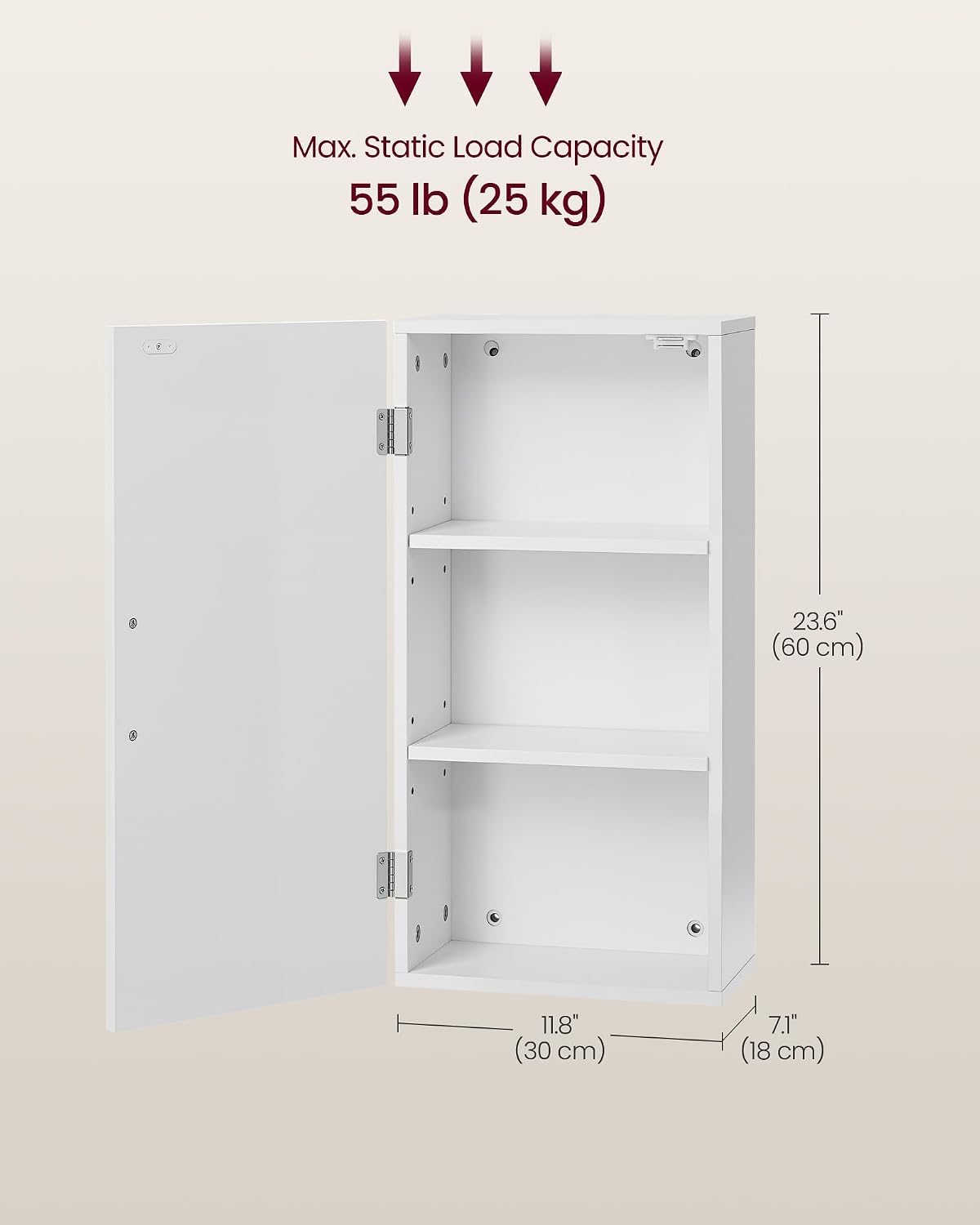 VASAGLE Bathroom Wall Cabinet, Wall-Mounted Bathroom Storage Cabinet, 18 x 30 x 60 cm, Medicine Cabinet with Adjustable Shelves, Cloud White BBK322WB01