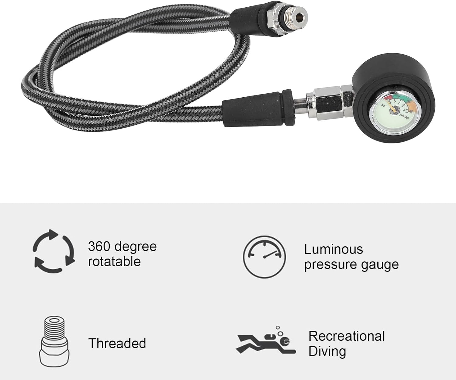 Scuba Diving Pressure Gauge, Professional Luminous Submersible Diving Night Glow Pressure Gauge, with High Pressure Hose, for BCD Regulator Underwater Diving