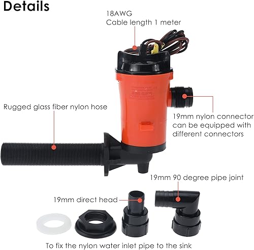 Miniatura 5 de Finderomend Bomba Livewell de 12V 800gph para barco 4.0A, bomba aireadora Livewell,Cartucho sumergible de 90 grados Livewell Live Bait Tanque