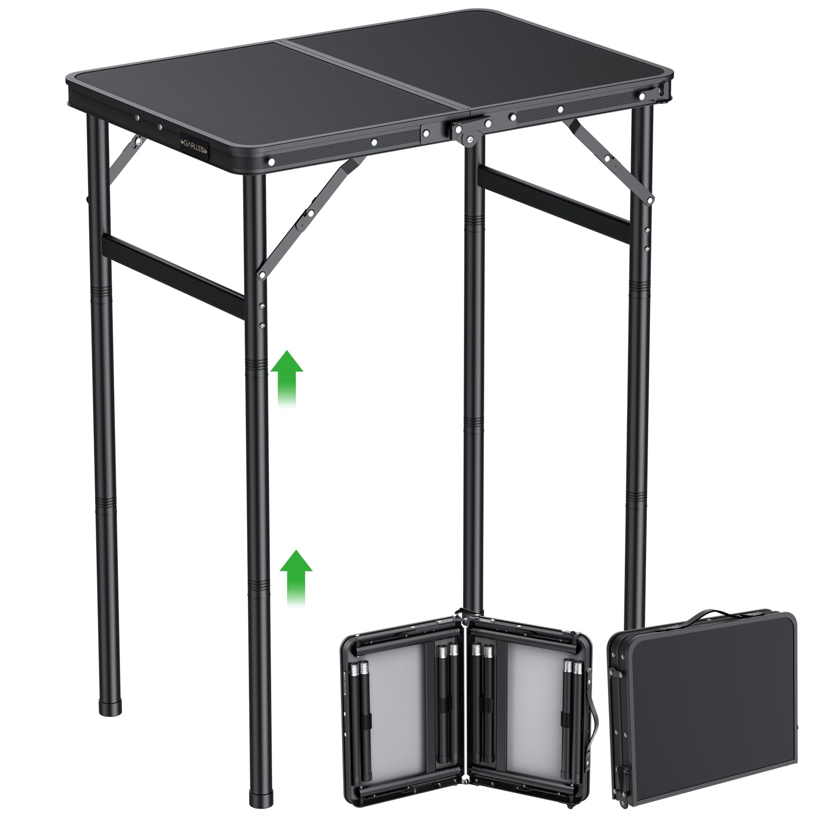 GARLLEN Klappbarer Campingtisch, 60x40cm mit 3 Höhenverstellbar(27/51/75cm), Stabiler Tragbar Klapptisch Picknicktisch Beistelltisch Grilltisch Gartentisch für Camping Strand Balkon Outdoor (Schwarz)