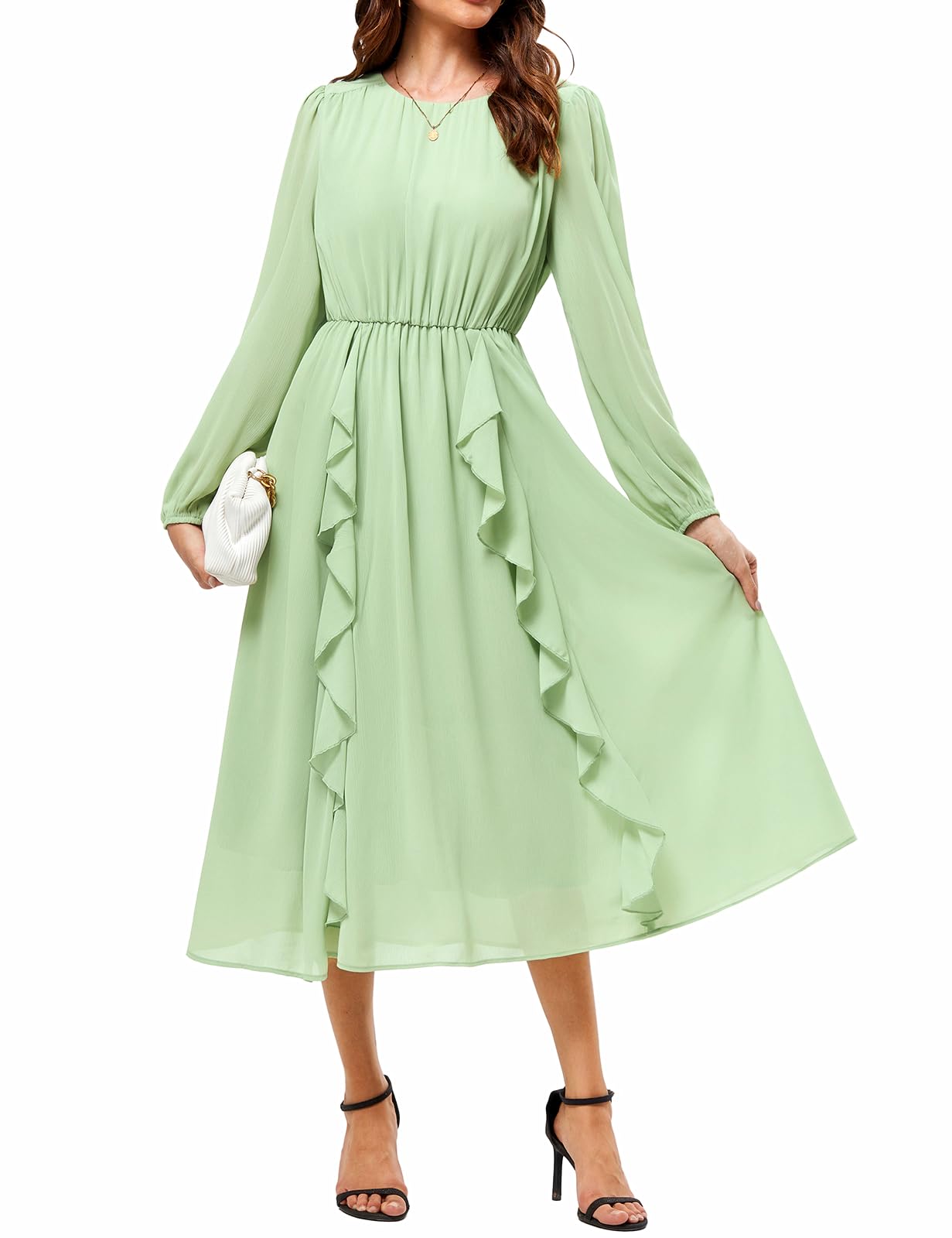 JASAMBACWomens Long Sleeve Wedding Guest Dresses Flowy Chiffon Ruffled A-Line Midi Dresses 2024 Fall Casual Long Dress