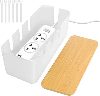 QOUBNIC Boîte De Rangement pour Câbles, Cache Cable Boite Rangement Cable avec Couvercle en Bambou, Cache Prise Electrique pour Organiser Les Câbles Et Les Dissimuler (Blanc