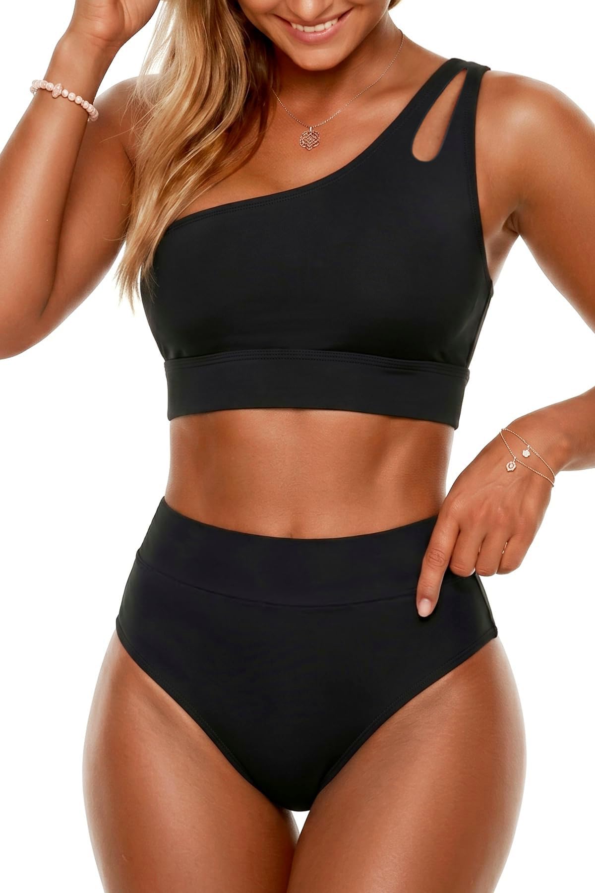 Two piece High Waisted Swimsuits for Women - One Shoulder Bikini Tummy Control Bathing Suit Full Coverage Swimwear-image-40