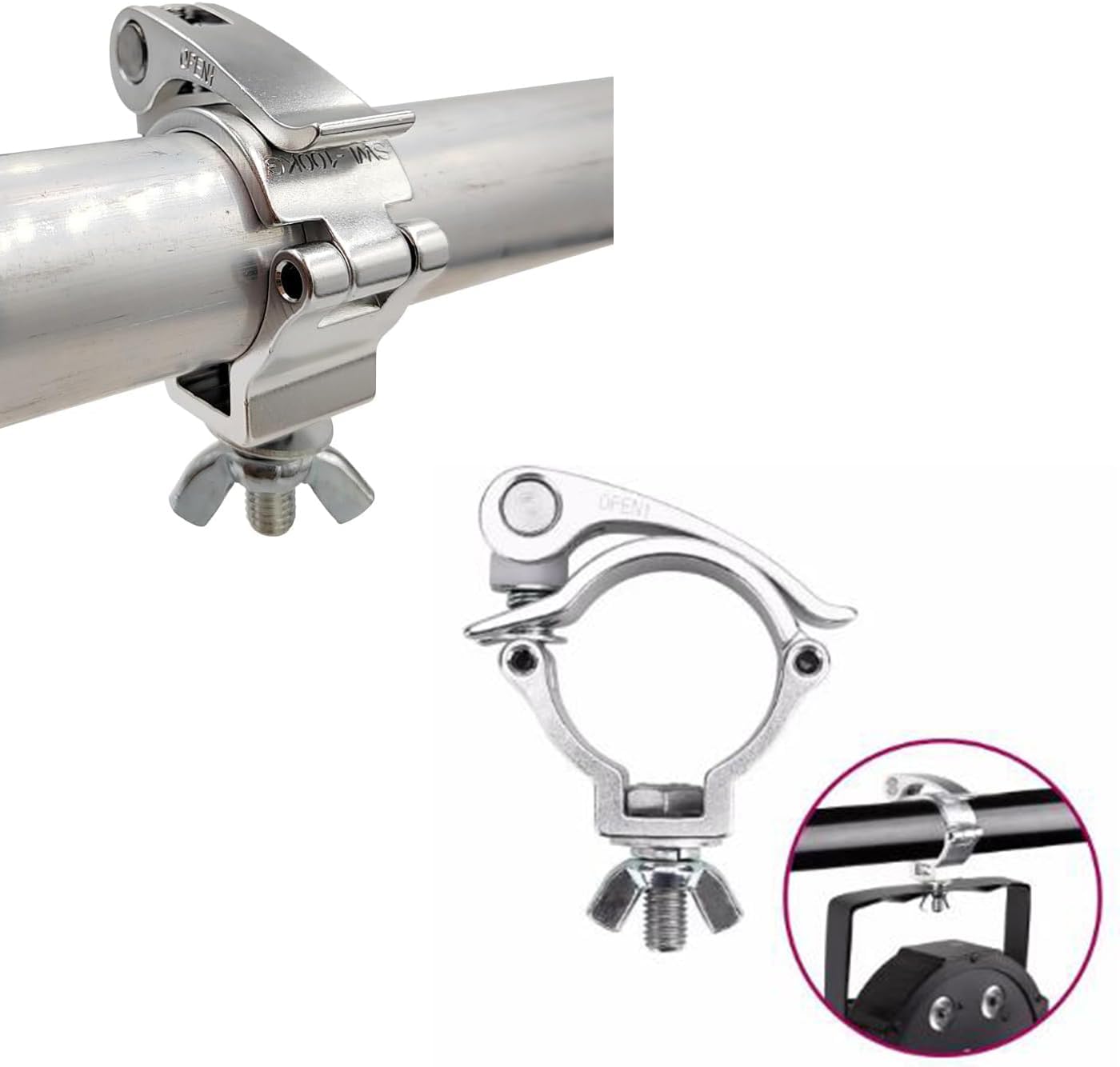 2Pcs Stage Light Clamp 2 inch Truss Aluminum Alloy Stage Lights Clamps Mount Heavy Duty 220 Lbs Quick Release, Quick Lock Fit 48-51mm OD Tubing/Pipe F34 Silver