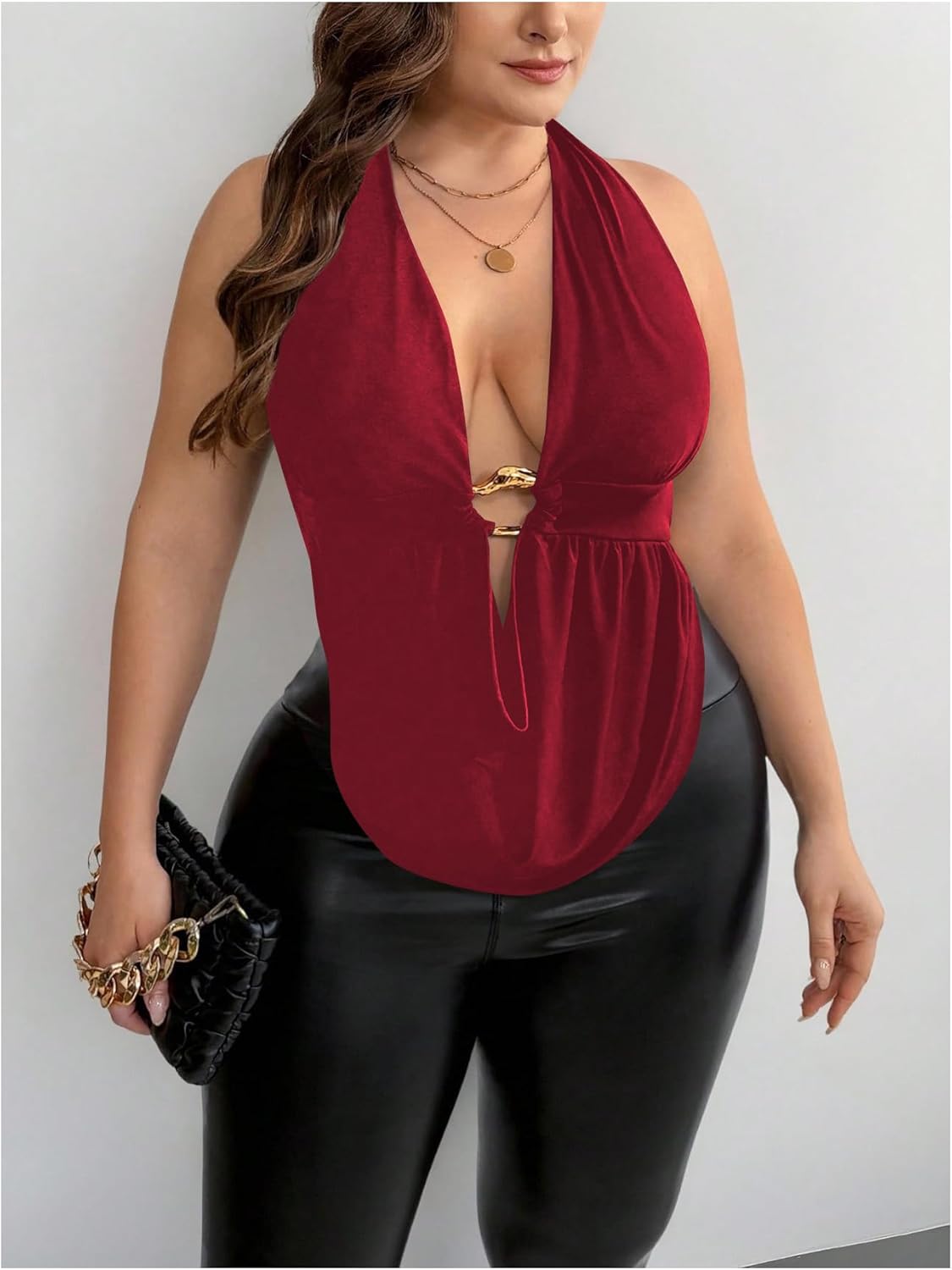 OYOANGLE Women's Plus Size Metal Ring Linked Plunge Neck Halter Crop Top Open Back Ruched Party Tops - Image 5