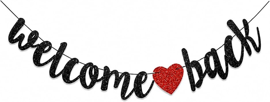 Welcome Back Banner, Black Glitter Sign with Red Heart for School & Office | Welcome Back to Work, Back to School, Classroom Door, Welcome Home, Family Gathering, Cubicle & Workstation Surprise