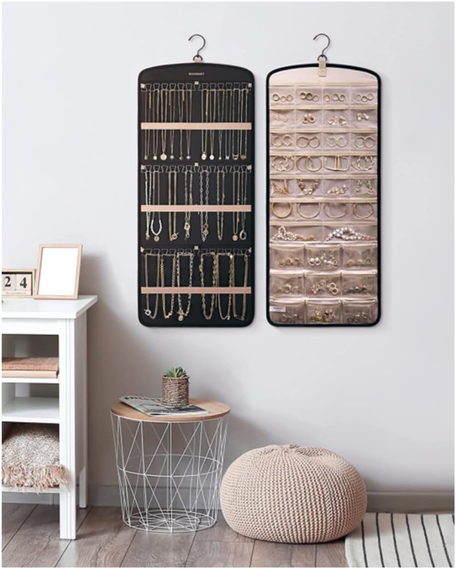 Wokyo Hanging Jewelry Storage Roll with Metal Hooks Double Sided Practical Large Capacity 32 Transparent Pockets to Hold 42 Necklaces Suitable for Earrings Necklaces Bracelets Rings (Pink)