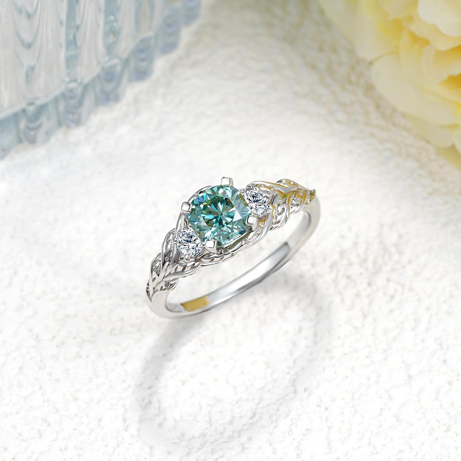 Three Stones Blue-Green Moissanite Engagement Rings for Women,18K White Gold Platinum Plated Cushion Cut Moissanite Wedding Promise Rings S925 Leaf Anniversary Ring Band Jewelry Gift for Her - Image 2