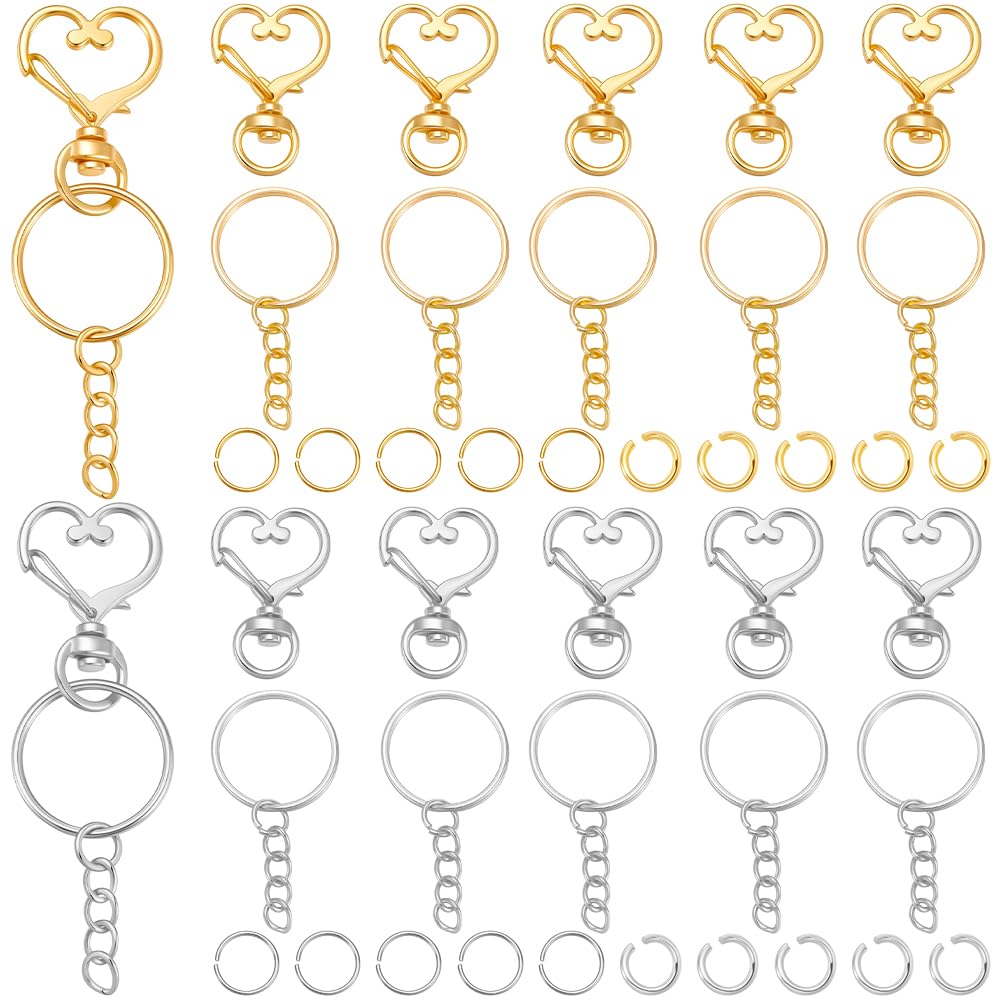 SOFPLATE 1 Box 20 Sets Heart Spring Clasp Keychain Swivel Clasp with Iron Findings Gold Silver Hollow Alloy Small Trigger Lobster Metal Split Key Snap Rings for DIY Making Keychains Purse Lanyards