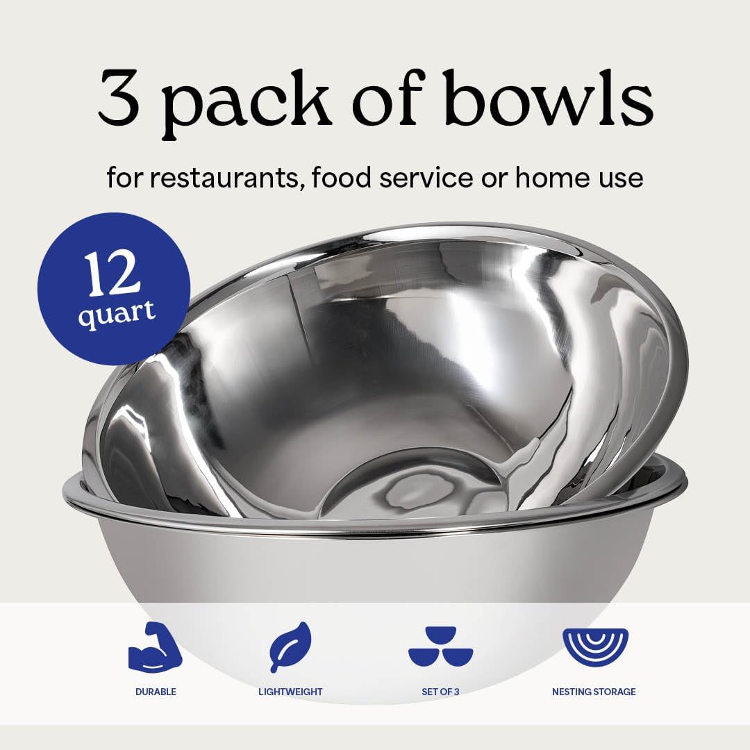 WHYSKO® Large Mixing Bowls, Set of 3 Stainless Steel 12 Quart Bowls for Restaurants, Food Service, Caterers and Home Kitchen Use, Rust Proof Bowls Great for Meal Prep, Baking, Serving, Food Storage