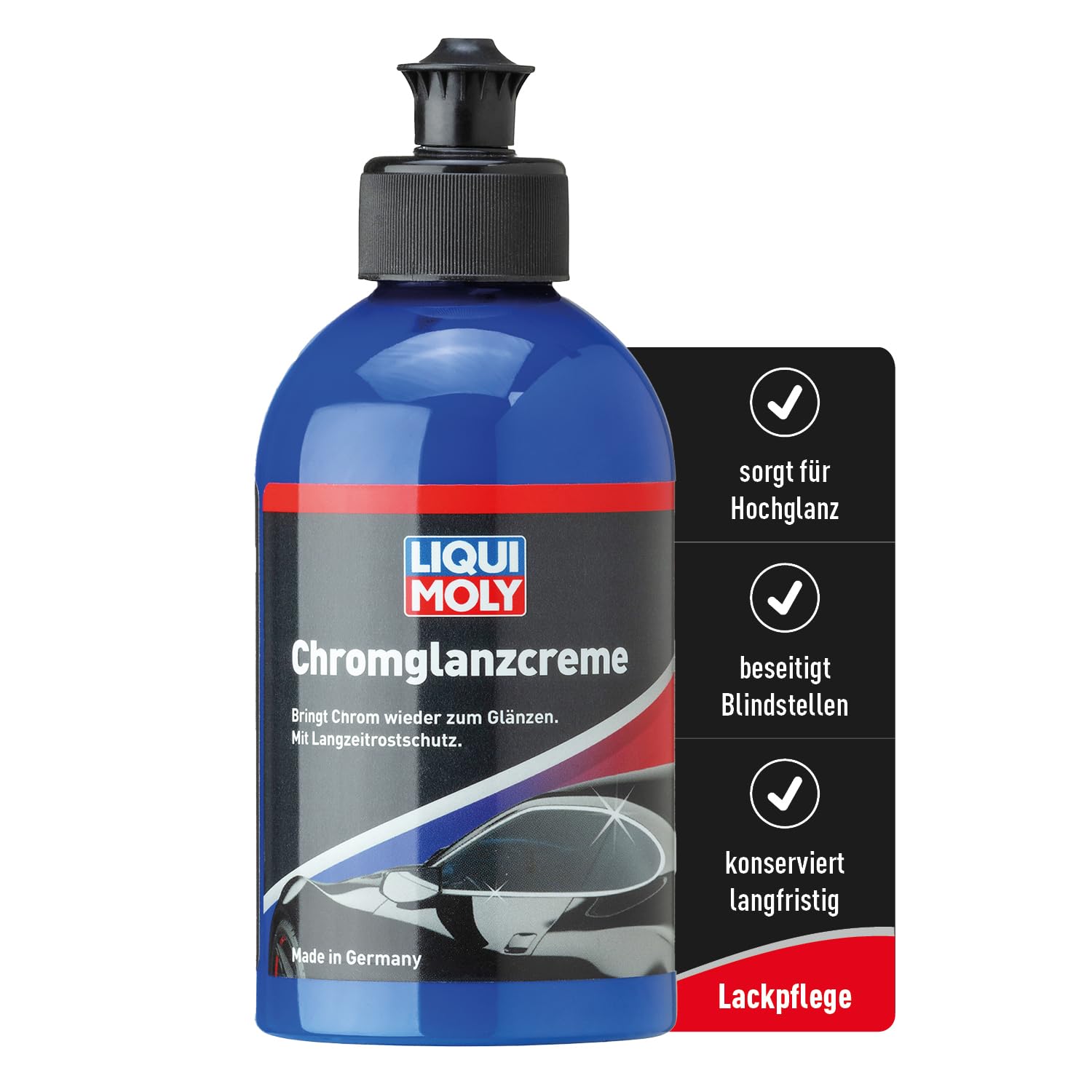 LIQUI MOLY Lackpflege Chromglanzcreme, Art.-Nr.1529 I 250 ml Chrompolitur Auto zur Reinigung & Chrompflege I Entfernt Blindstellen & Rost an Chromteilen I Langzeit-Korrosionsschutz & Glanz