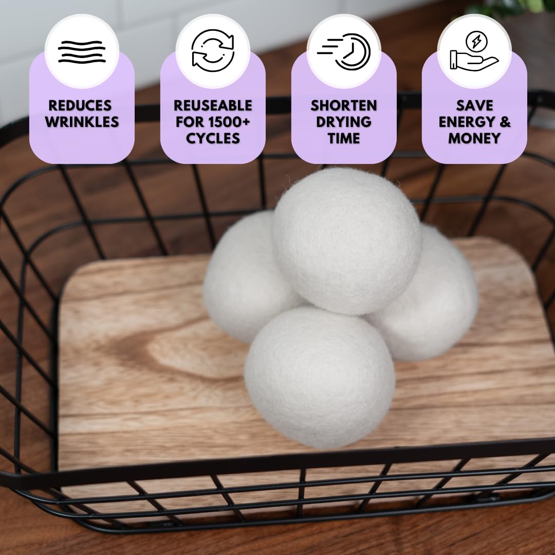 Bolas secadoras de lana perfumadas (paquete de 6) suavizante natural reutilizable con aroma a lavanda XL, reduce las arrugas de la ropa y ahorra tiempo de secado. Aroma de aceite esencial de