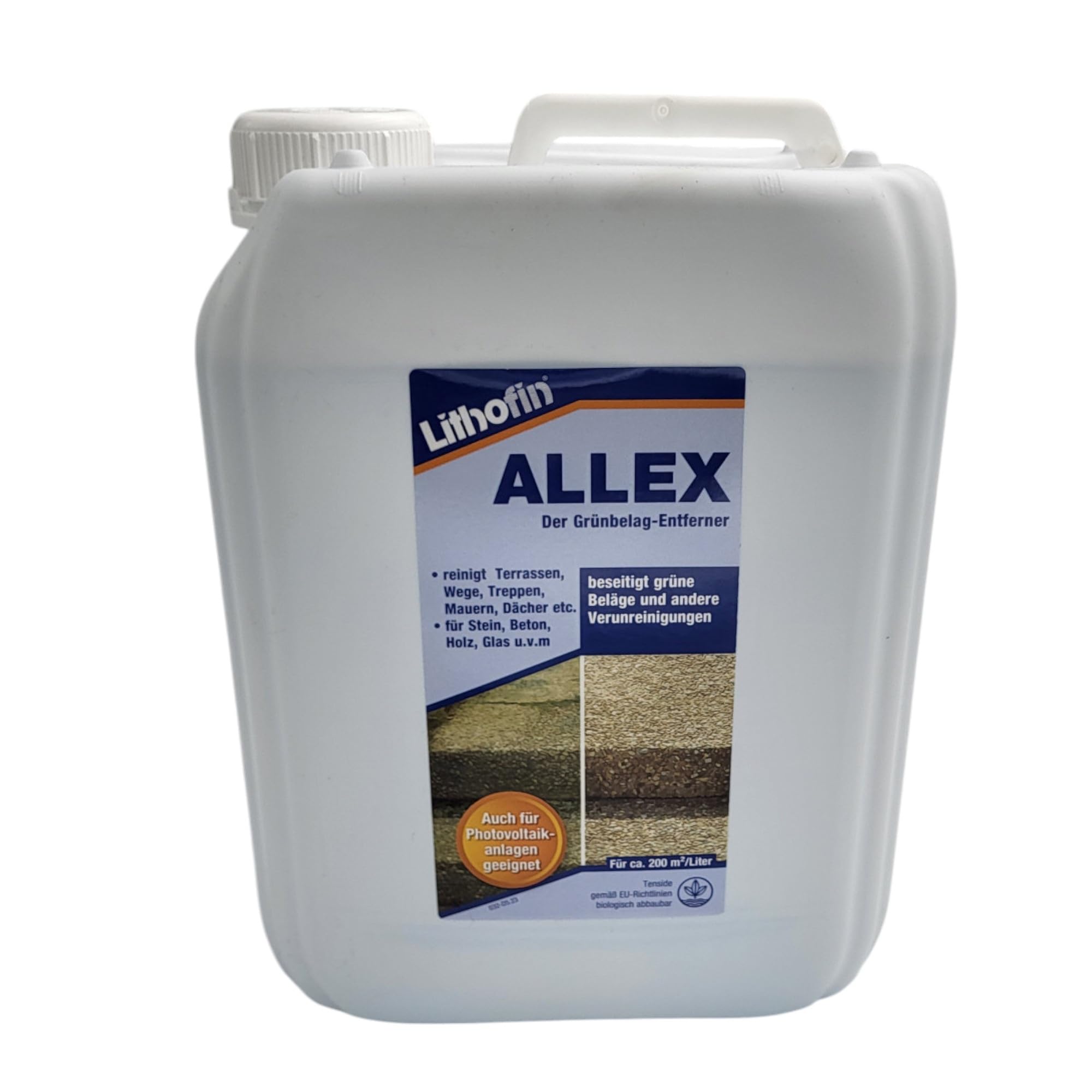 zbs24 Lithofin ALLEX Grünbelagentferner 5 Liter, Reinigungskonzentrat selbstwirkend gegen Algen und Moos, für Terrassen, Naturstein, Betonstein, Klinker, Putz und Holz, inkl. Reinigungsbürste