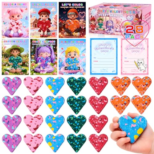 CRIOLPO Valentines Cards for Kids Classroom 28 Pack Heart Crayons Valentines Day Cards For Kids School Valentine Gifts for Party Favors Prizes Classroom Exchange for Boys Girls