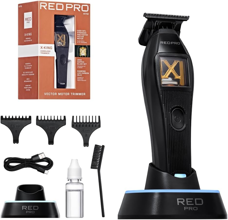 RED PRO X King Vector Motor Cordless Hair Trimmer Professional Barber Detail Beard Trimmer DLC Blade USB C 240 Min Gold Black
