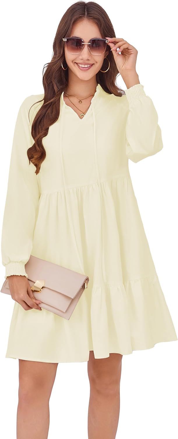 HUSKARY Baby Doll Dresses Women Fall Casual Tie V Neck Ruffle Tiered Tunic Dress Knee Length Cute Dresses with Pockets - Image 5