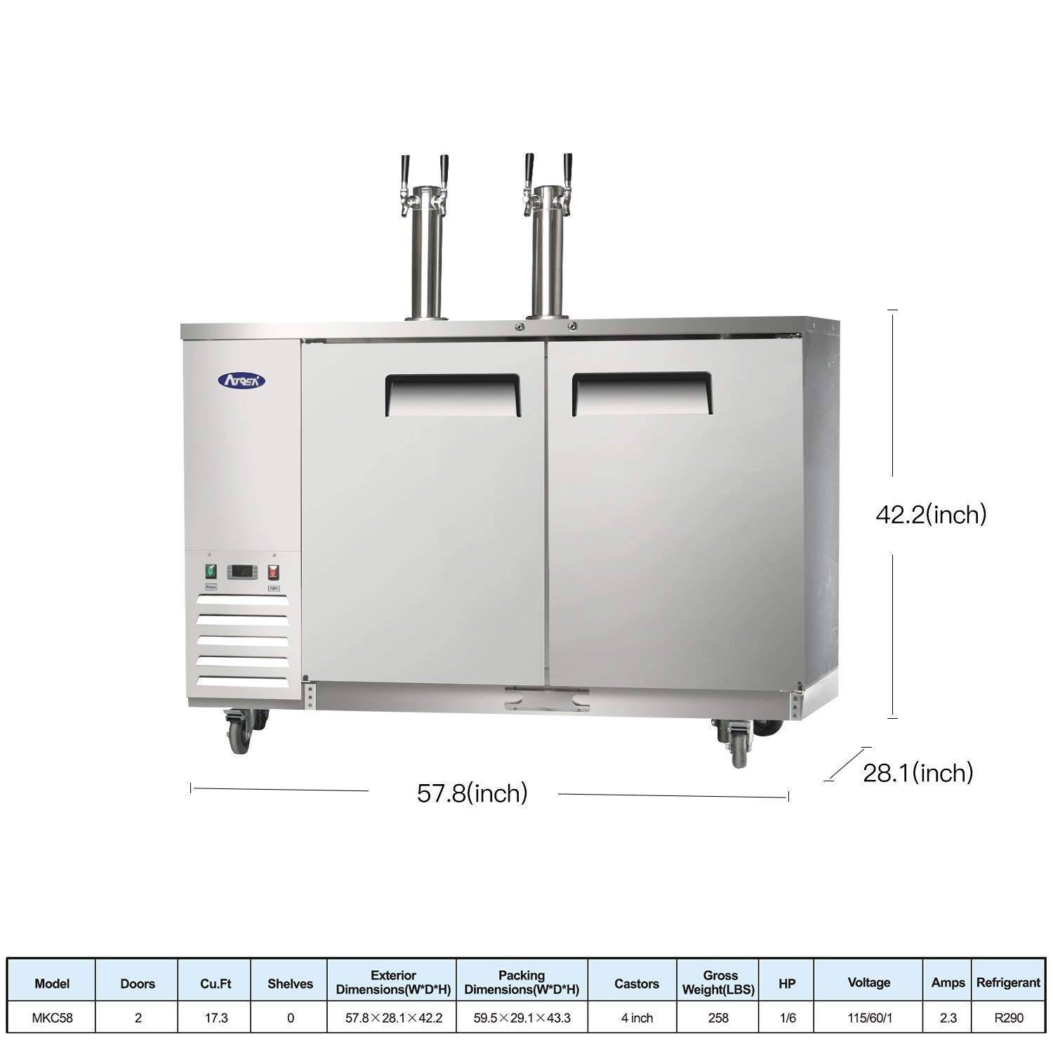 Atosa Mkc58gr 58" Kegerator Beer Dispenser Draft Direct Draw For Restaurant Hotel Pub Bar | (2) 1/2 Barrel Keg, 17.3 Cu Ft Capacity | (2) Dual Faucet Tower | Stainless Steel Top, 115v (33°F – 40°F) on Fridge.com - View 2
