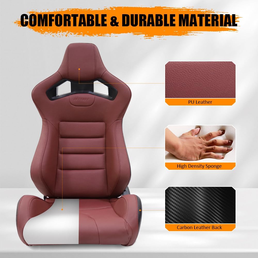 Universal Racing Seats, Adjustable Reclining Bucket Seats with Dual Slider, PU & Carbon Leather Sport Seat for Driver and Passenger Side, 1 Pair, Wine Red w/Logo-Thin Seat Base