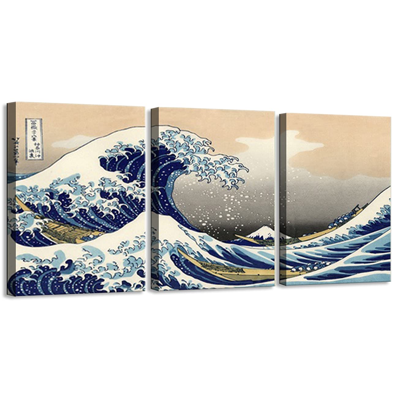 Canvas Print Poster Home Decor 3 Pieces Katsushika Hokusai Great Wave Off Kanagawa Views Of Mount Fuji Painting Wall Art Picture Ready to Hang (12"x16"x3PCS)