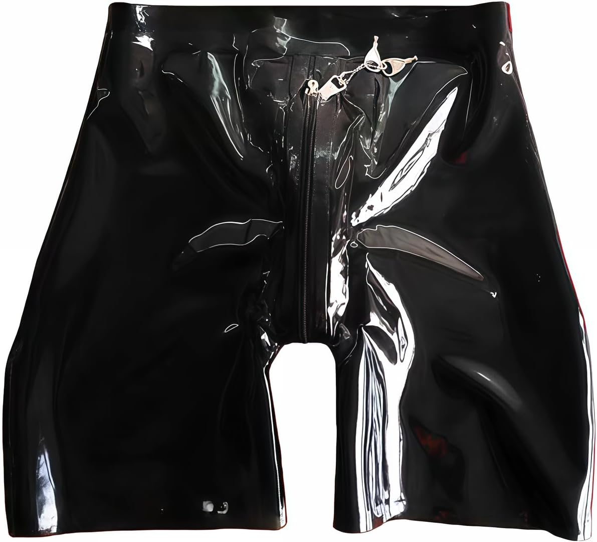 Men Latex Shorts Half Pants Front Crotch Zipper Middle Trousers Tight High Elastic