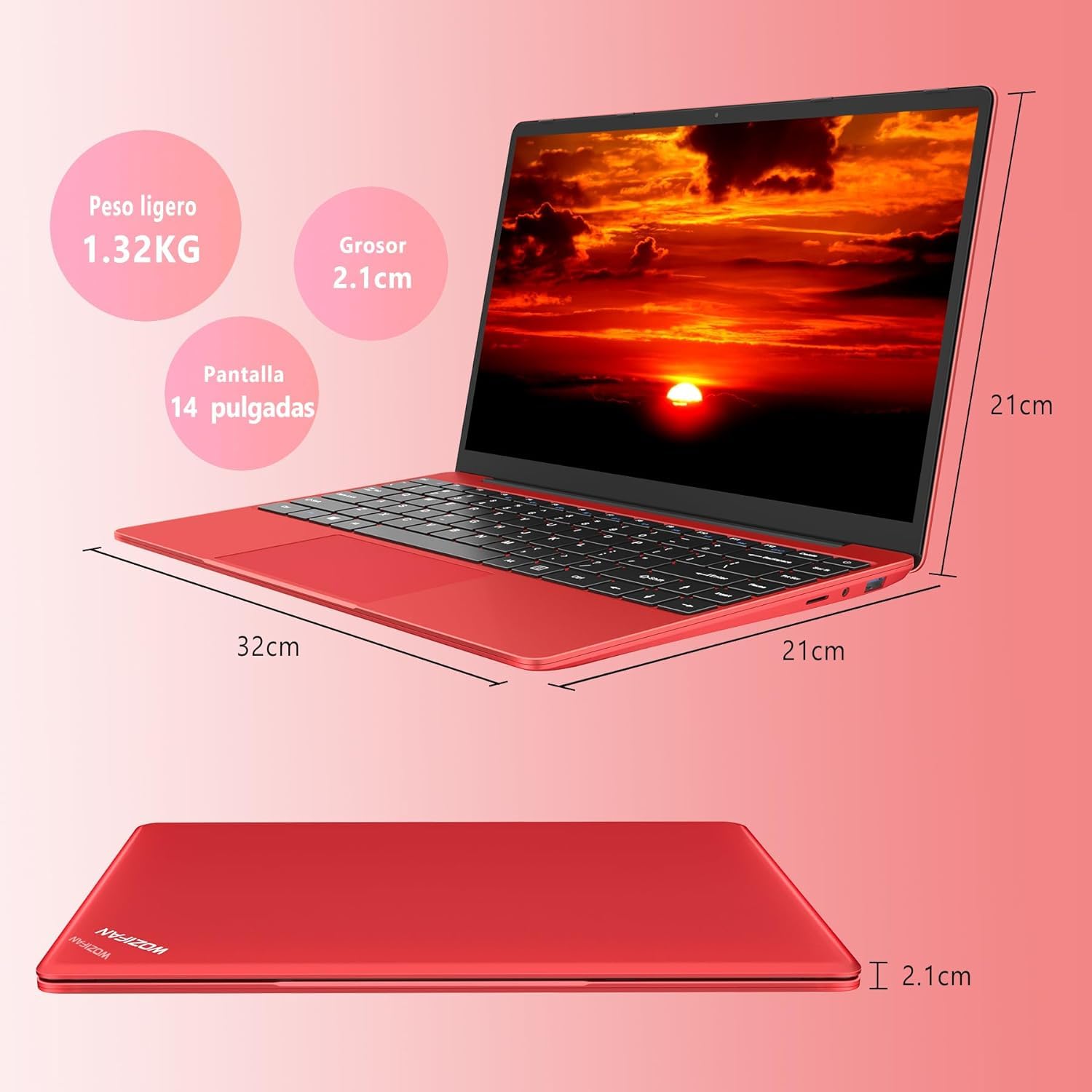 bvate Ordenador Portátil 14",6GB+128GB SSD Celeron N4020(hasta 2.8Ghz) Win 10 PC 1080P FHD WiFi 5G BT 4.2 Soporta 1TB SSD Expansión con Ratón Inalámbrico para Trabajo-Estudio-Aprendizaje, USBx 2-Rojo