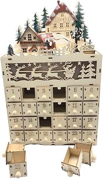 Baosity Christmas Wooden Advent Calendar Bauble Shape 24 Drawers Christmas Decoration Stuffing Candy Box Christmas Decoration Ornament Gift Present Cute LED Light Gift