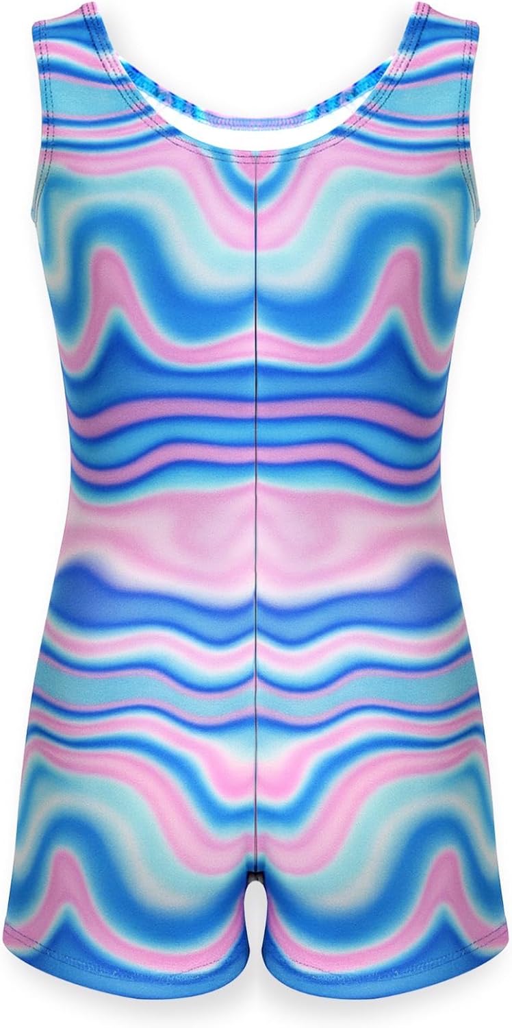 Destira Gymnastic Unitards for Girls with Matching Scrunchie, Sugar Swirl - Bright Multi-Colored Blues and Pinks Biketard