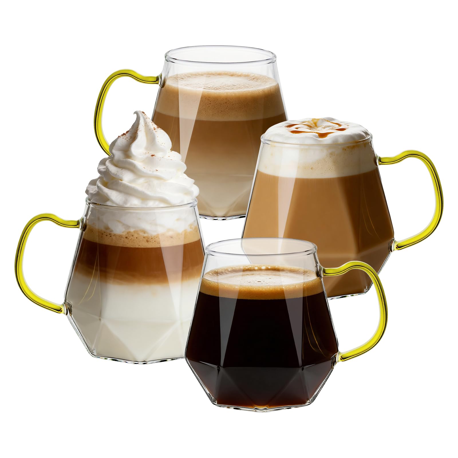 ANZHAN Kaffeegläser 300ml 2er Set aus Borosilikatglas-Hitzebeständig mit Henkel Diamant-Design, ideal für Latte Macchiato, Espresso, Cappuccino und Milch Saft Bier,teegläser (4, yellow)