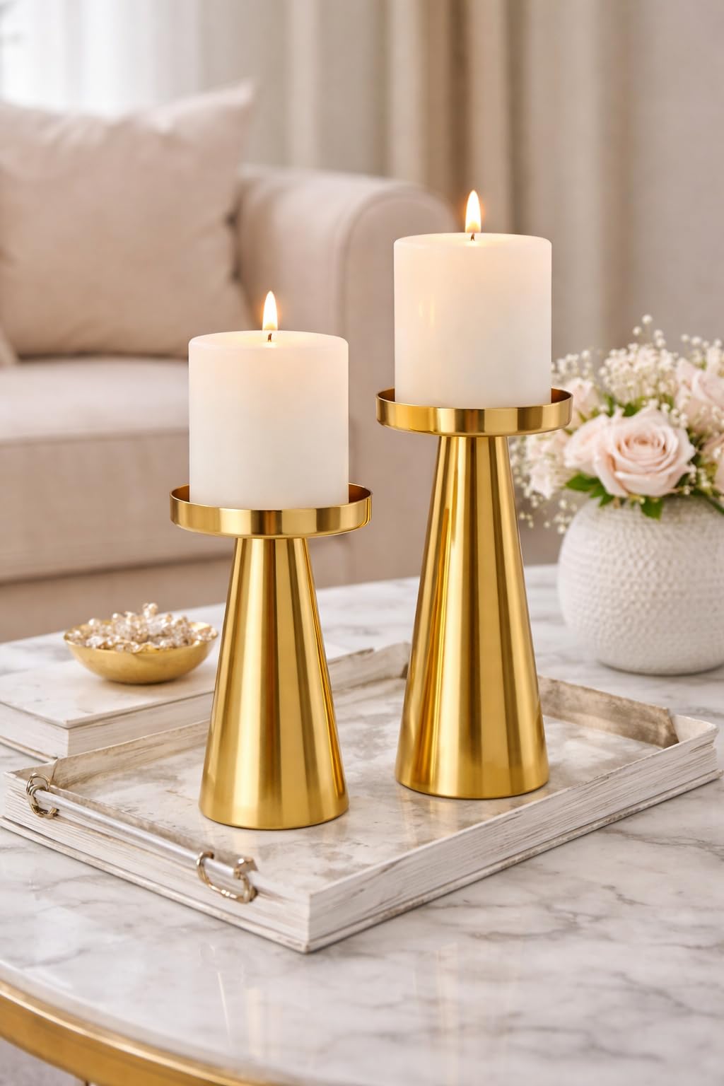 Gold Metal Candle Holder Set of 2, Decorative Iron Candle Stands for Home Décor, Modern Tabletop Centerpiece for Living Room, Dining Table, Wedding-image-21
