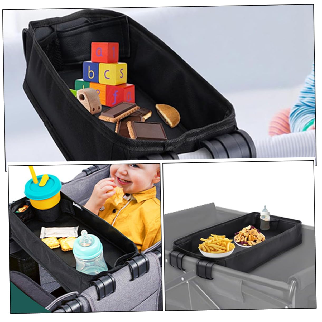 Kinderwagen Tablett mit Snack Tray Getränkehalter und Handyhalterung Abnehmbares Zubehör für Kinderwagen Schwarzes Design für Junge Mädchen und Kleinkinder