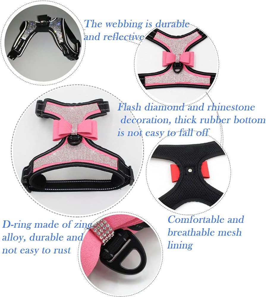 FUNAT Reflective Dog Harness with Rhinestone, Cute Bling Ties Dog Harness Dog Leash, Reflective Chest Strap with Shiny Bow