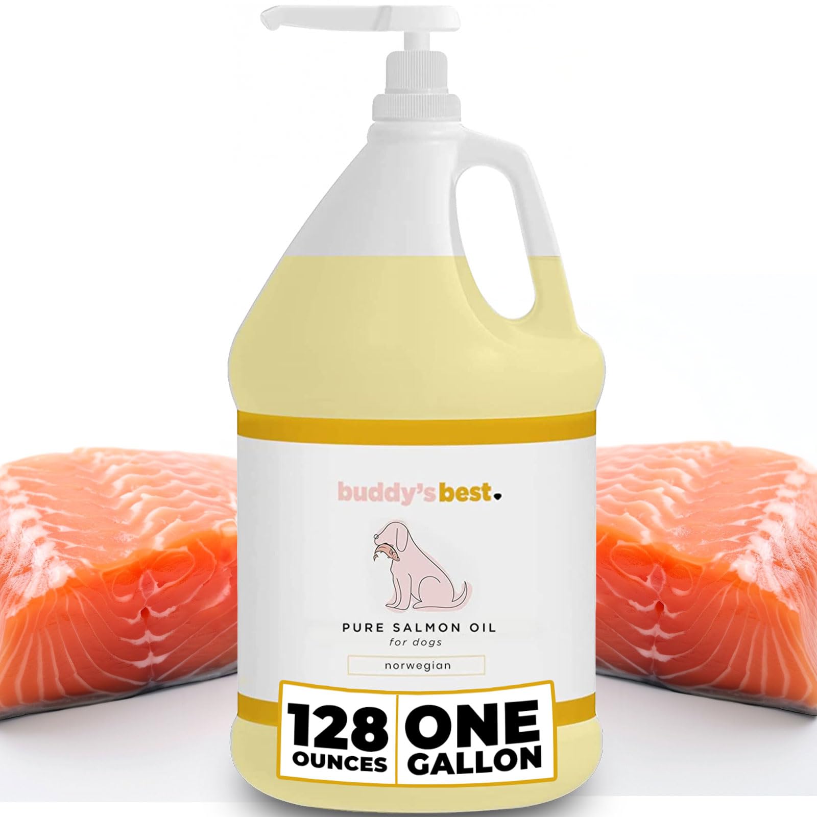 Buddy's Best, Salmon Oil for Dogs - 100% Pure Norwegian Virtually Odorless Fish Oil - Omega-3 Supplements for Dogs & Cats - Promotes Healthy Skin and Coat - Dog Food Oil in Pump Bottle (1 Gallon)