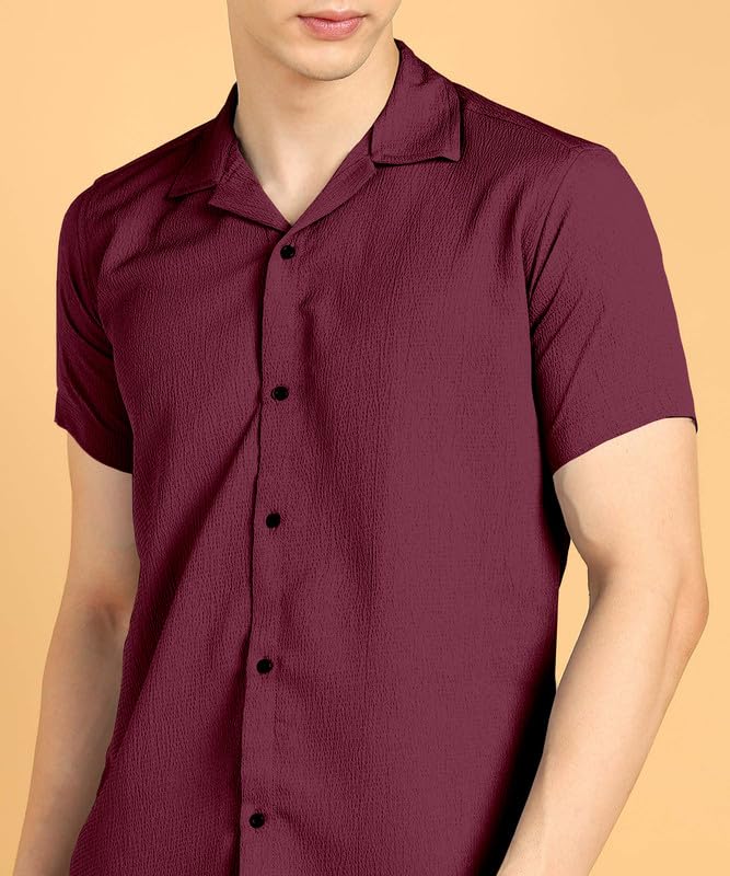 Image of COMBRAIDED Men's Solid Cotton Blend Half Sleeve Shirt - Regular Fit Casual Button-Down Shirt for Office & Travel - Summer & Spring