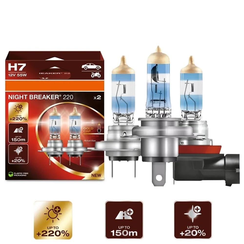 Faros halógenos for coche H4 H7 H11, potencia del 220%, haz de luz de 150 m, 2 unidades, 12 V, Alemania(H7)
