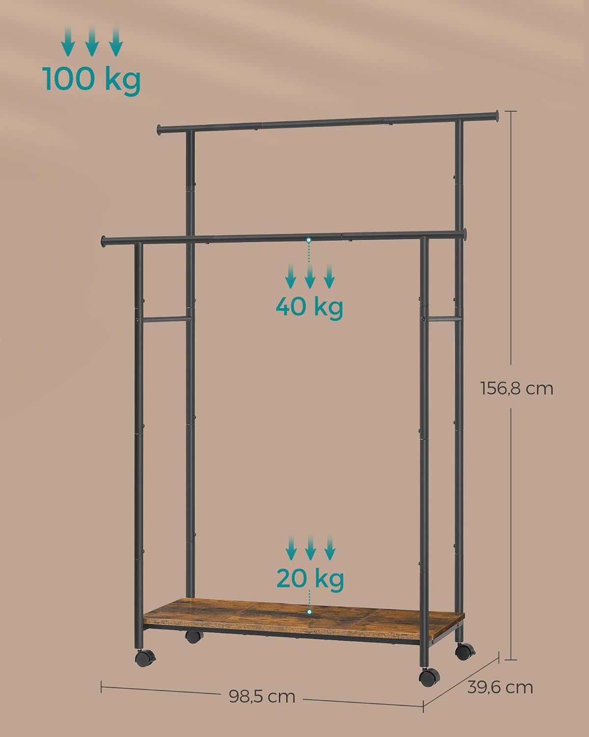 A diagram showing the overall dimensions of the coat rack: 98.5 cm wide, 39.6 cm deep, and 156.8 cm high, along with its total load capacity of 100 kg.