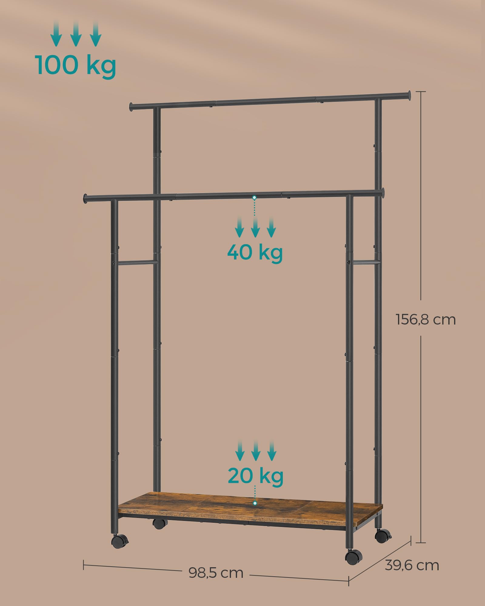 SONGMICS Stand Appendiabiti con Ruote, Attaccapanni Doppio con Ripiano, Largo 98,5 cm, Regge 100 kg in Totale, Struttura in Acciaio, Marrone Vintage e Nero Inchiostro HSR152B01