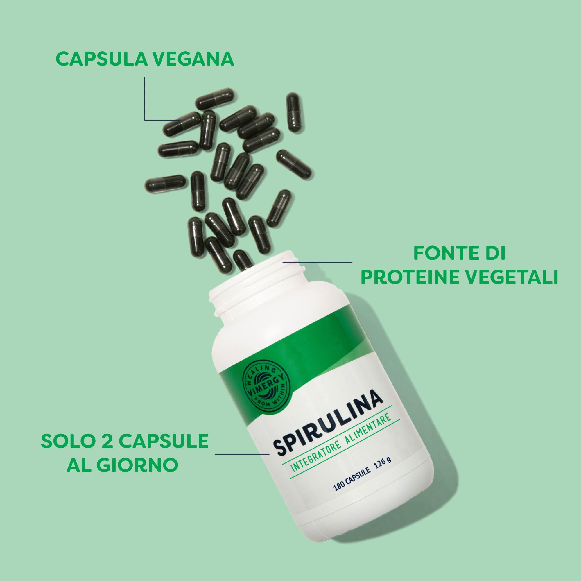Vimergy Spirulina Capsules, 30 Dosi – Facile da Digerire – Spirulina in Capsule – Integratore Vegano – Senza Antiagglomeranti, Riempitivi o Coloranti - Senza OGM e Senza Glutine (180 Capsule)