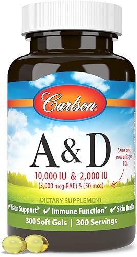 Miniatura 5 de Carlson - A y D, 10000 UI (3000 mcg RAE) Vitamina A, 2000 UI (50 mcg) Vitamina D, Apoyo a la Visión, Salud de la Piel, 300 Cápsulas Blandas