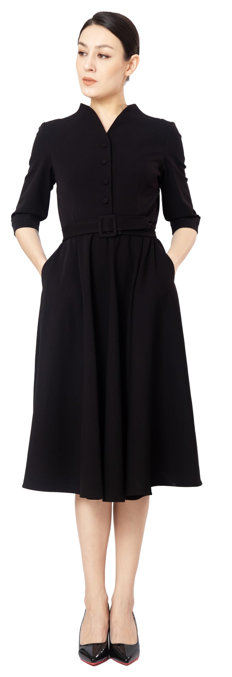 Vestido Midi Fit & Flare Tea con Botones Frontales para Mujer, Ideal para Oficina y Trabajo