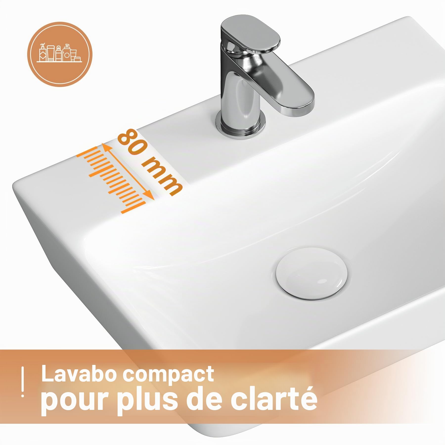 HOROW Lavabo de salle de bain carré 40 cm, moderne, blanc, sans trop-plein, avec trou pour robinet, petit lavabo suspendu, WC, pour invités