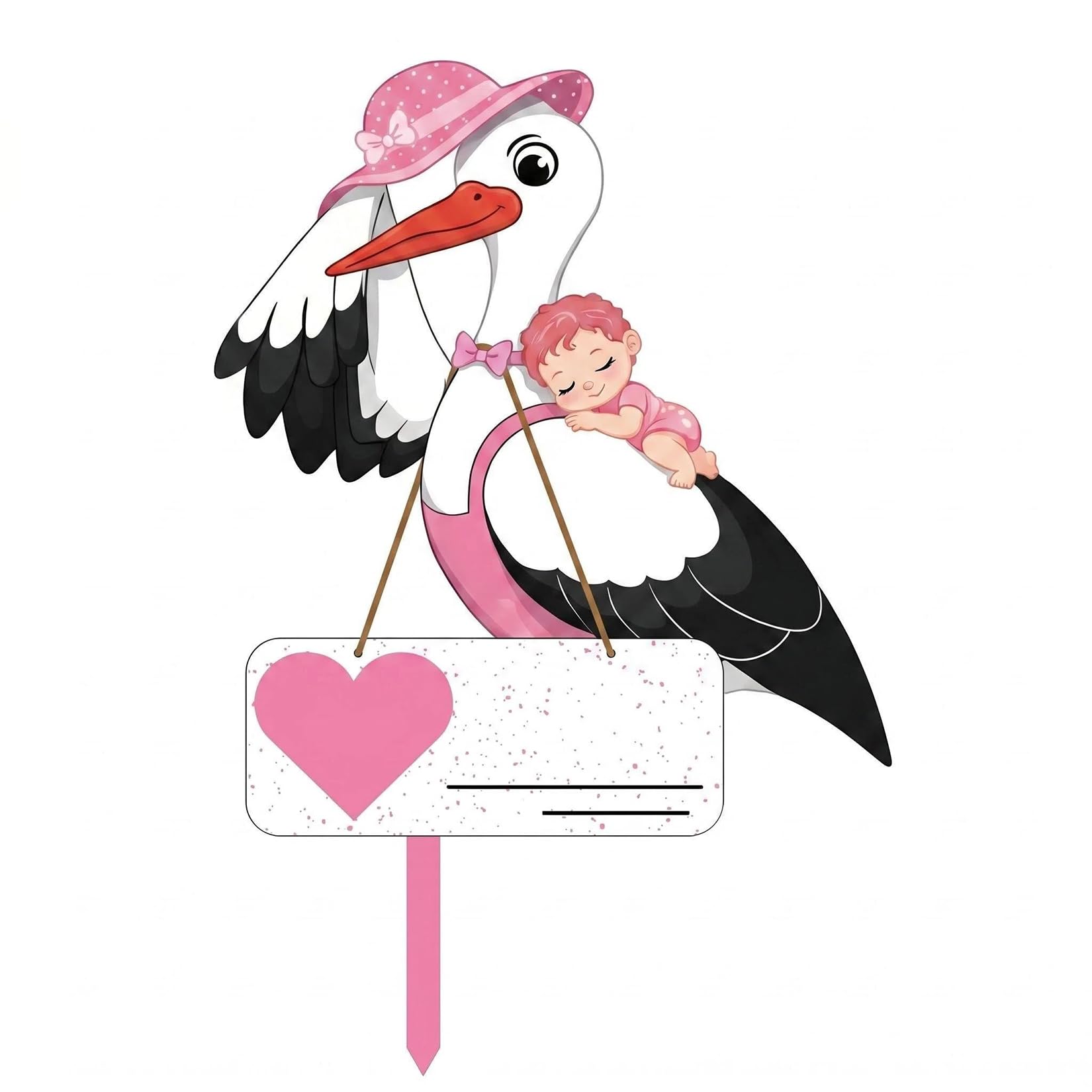 Cigogne à Clapette pour Naissance Bébé Imprimé Sur Deux Faces avec Bâton en Bois Plaque Nominative pour L'intérieur Et L'extérieur Idée Cadeau Naissance (Rose)