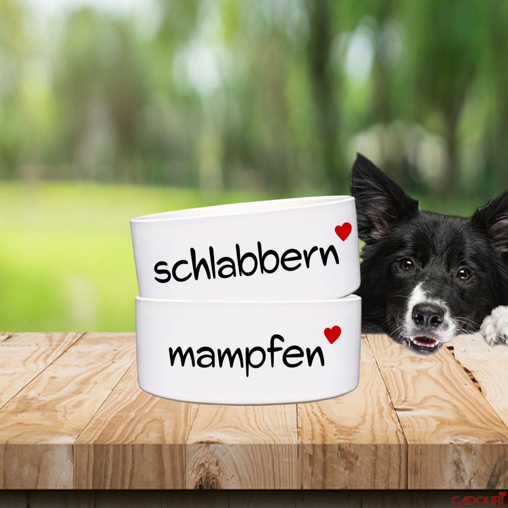 Cadouri Keramik Hundenapf-Set mit Schriftzug SCHLABBERN & MAMPFEN - 1.300 ml