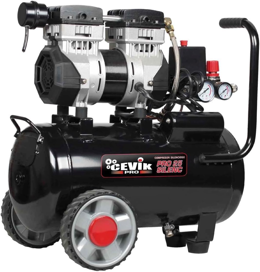 CEVIK PRO CA-PRO25SILENC Compressore Aria Silenzioso 25L 1.5HP 150 l/min 8 Bar Senza Olio Portatile Doppia Uscita