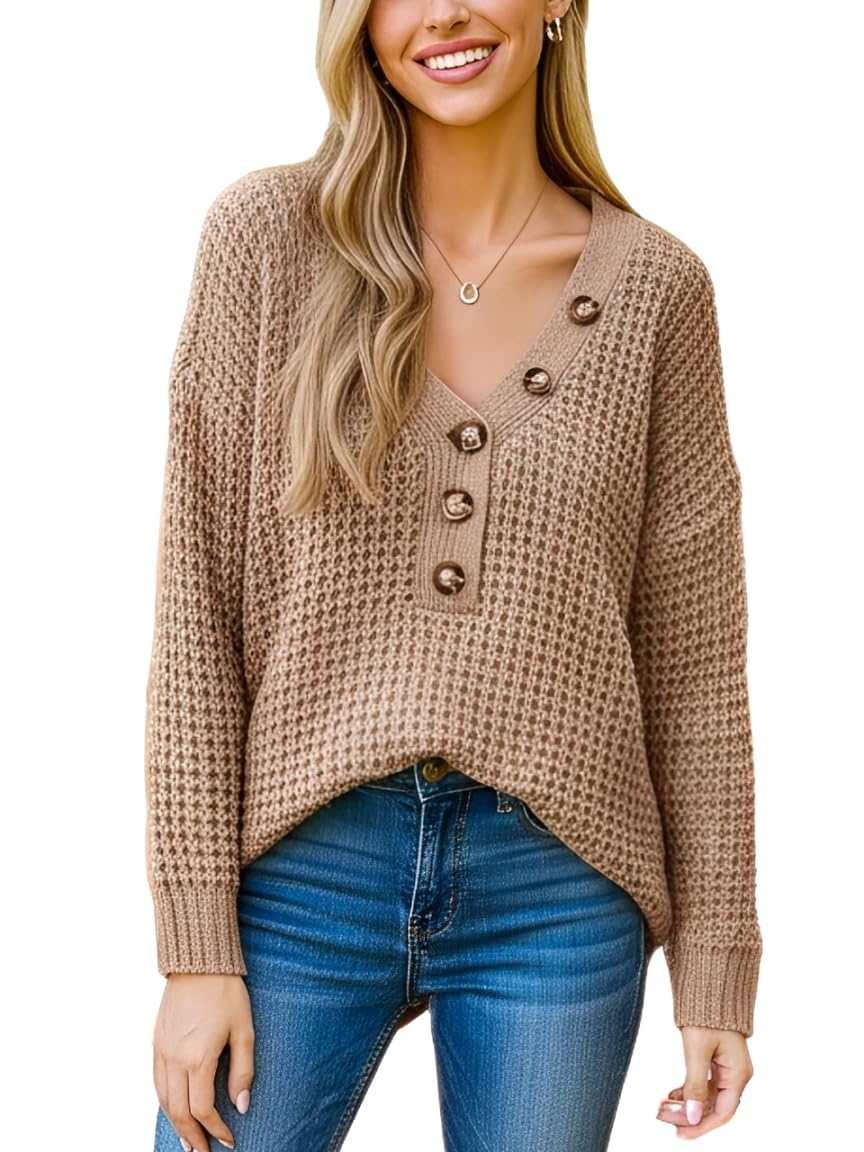 CUPSHE Womens Fall Sweater Chunky Knit Half Button Front Long Sleeve V Neck Casual Oversized Pullover Top
