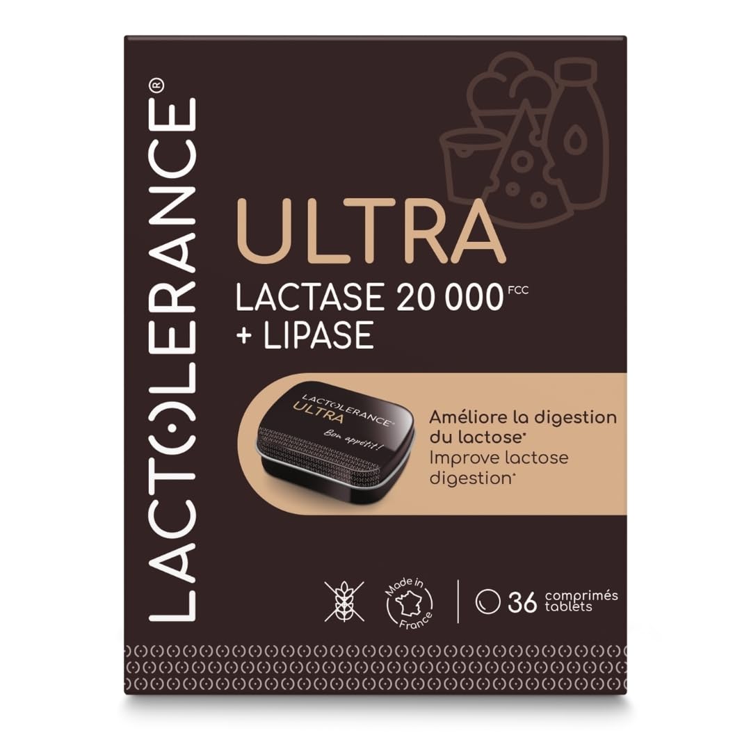 LACTOLERANCE ULTRA Lactase 20 000 FCC, Lipase 500 UI, Pilulier 36 Comprimés | Double action lactose et graisses, effet immédiat, enzymes digestives, à mâcher ou à avaler, fabriqué en France