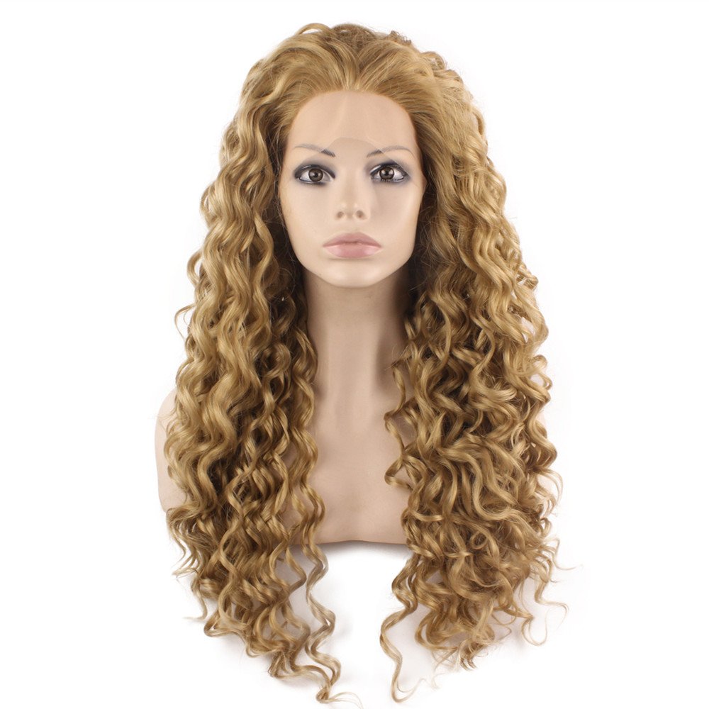 MX angel Long Heat Resistant Synthetic Hair Celebrity Ash Blond Curly Lace Front Wig