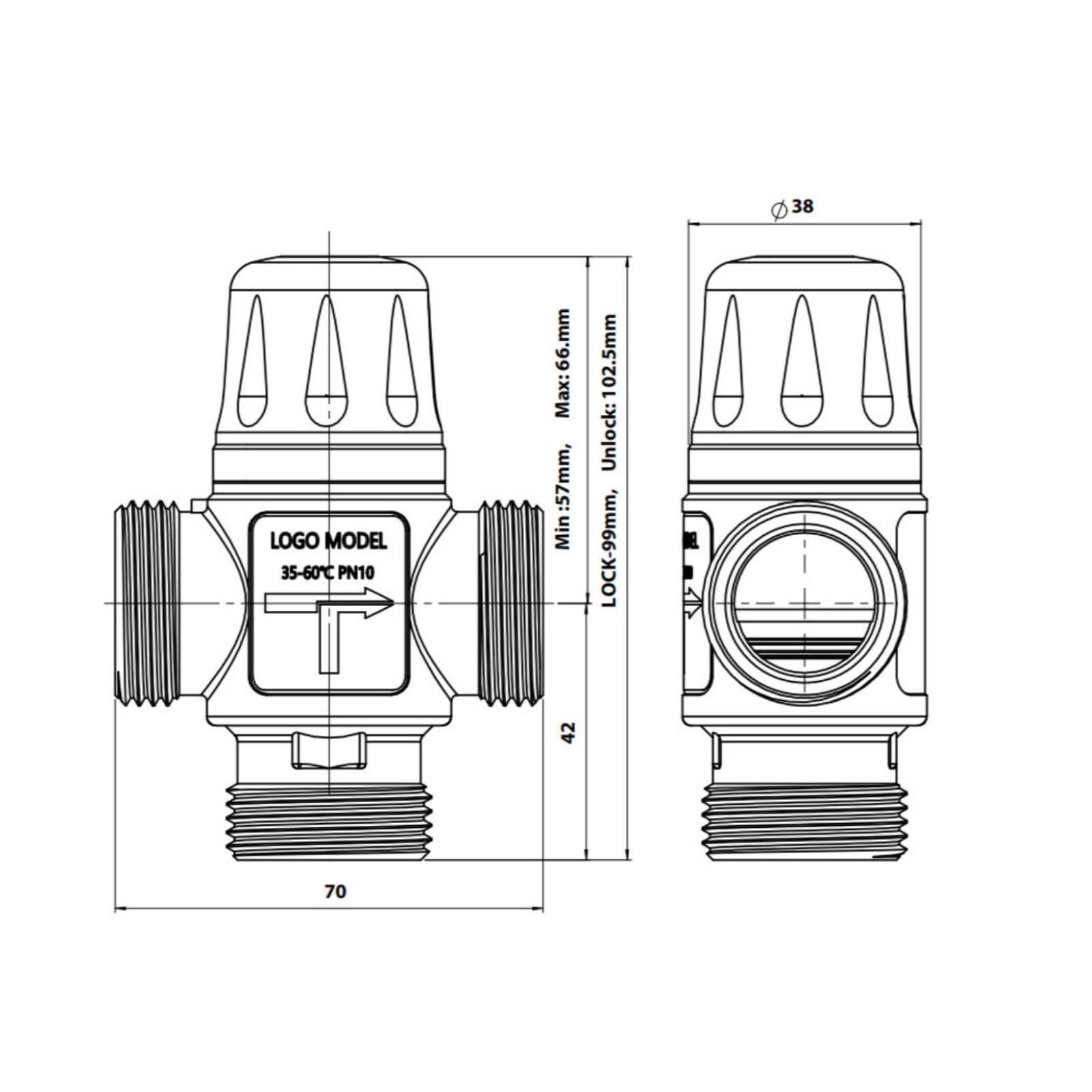 Valvola di Controllo Della Temperatura Valvola Termostatica Miscelatore Termostatico Unità di Miscelazione in Ottone CW617N Corpo Compatto a T Adatta, DN20 35-60℃