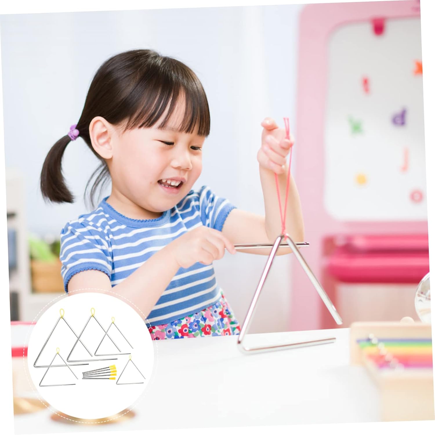 GALPADA Children's 5-Piece Hand Percussion Instrument Set Musical Iron Triangle with Striker for Boys and Girls Fun Rhythm Toys for Home and Classroom Activities